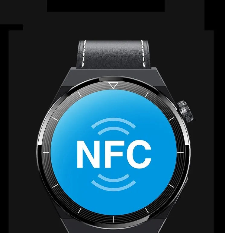 Round Android smart watch with black silicone strap showing Bluetooth calling and NFC access functions on its screen.