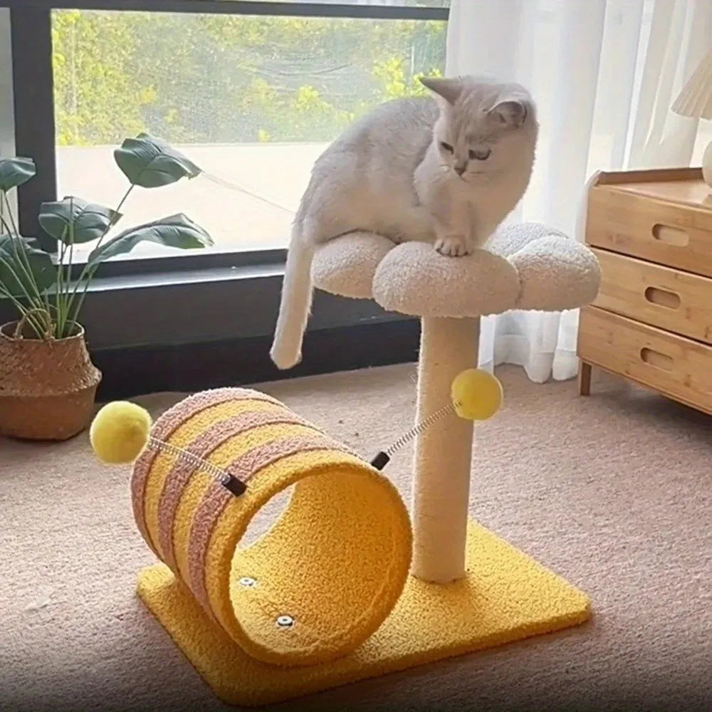 Yellow bee-themed cat climbing frame with sisal scratching posts and fabric tunnel