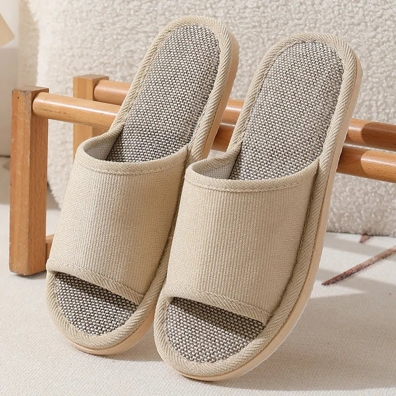 Women's open-toe linen slippers in various colours with thickening sole