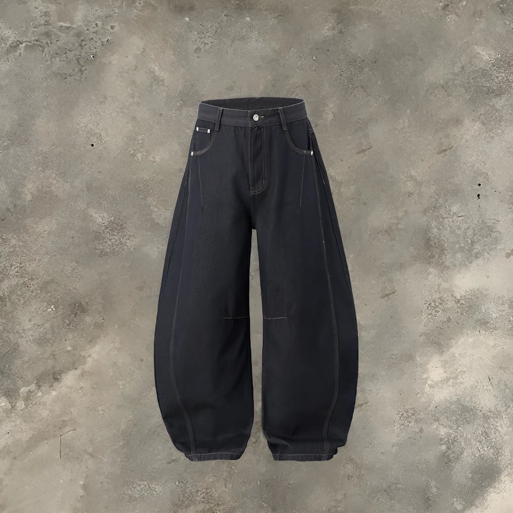 Men's wide leg denim trousers in original cow colour showing mid-waist design and cotton fabric