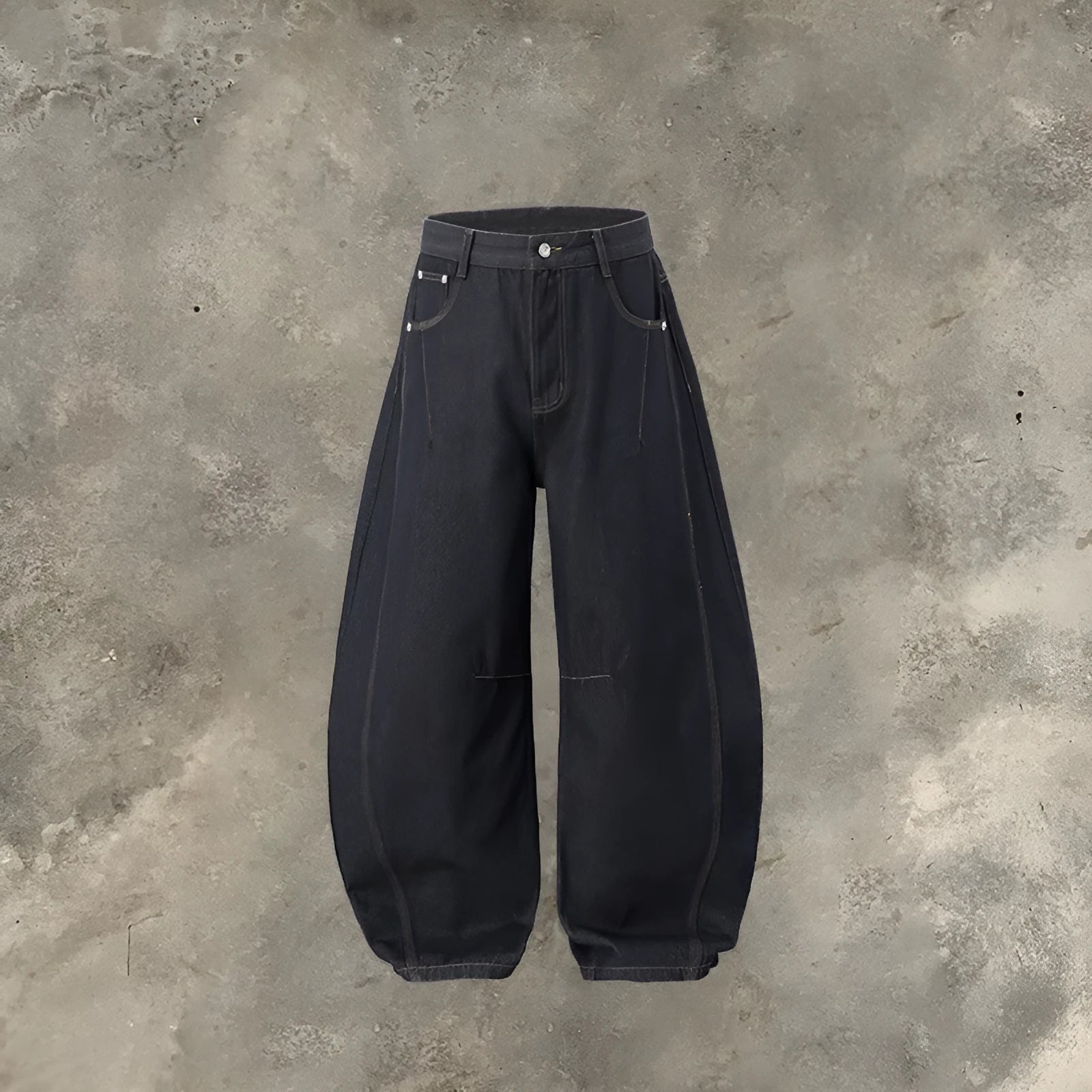 Men's wide leg denim trousers in original cow colour showing mid-waist design and cotton fabric