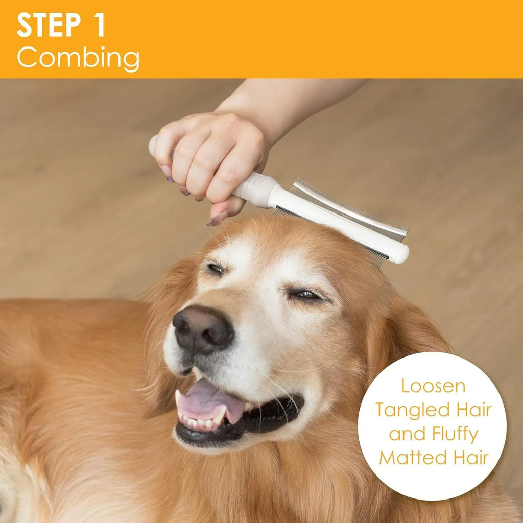 White double-sided pet grooming brush with deshedding and comb functions, curved design, ergonomic handle