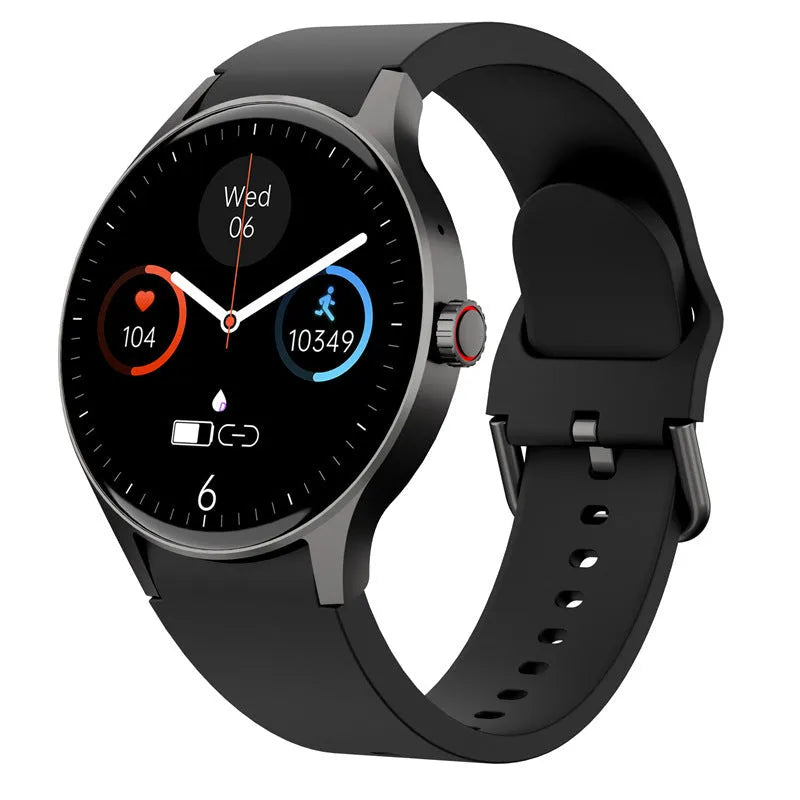 Smart Bluetooth sport watch with round touch screen on wrist, showing IP68 waterproof rating and 46mm diameter case