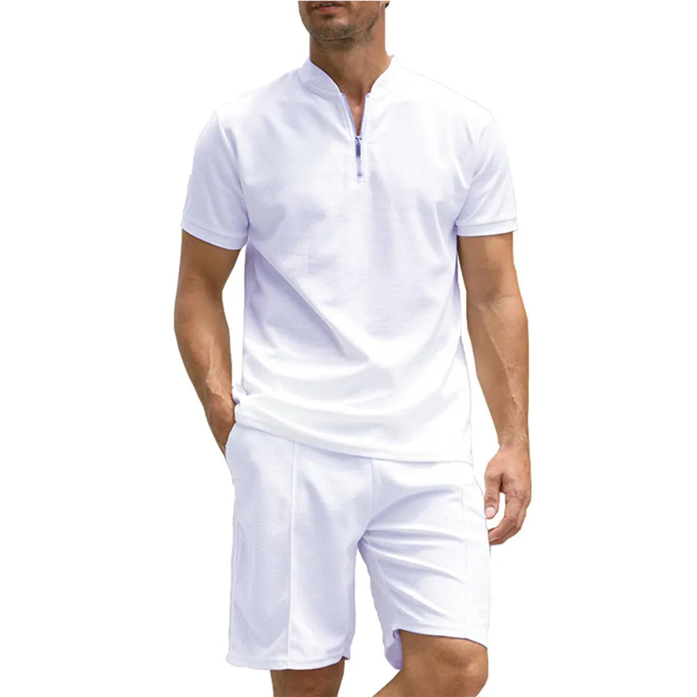 Men's solid colour polo shirt and trousers two-piece suit set in beaded bird's eye polyester fabric
