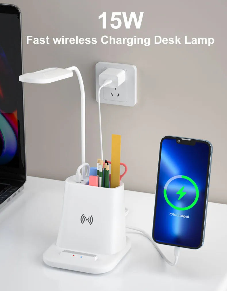 Wireless charging desk lamp with pen holder and storage box in modern minimalist design