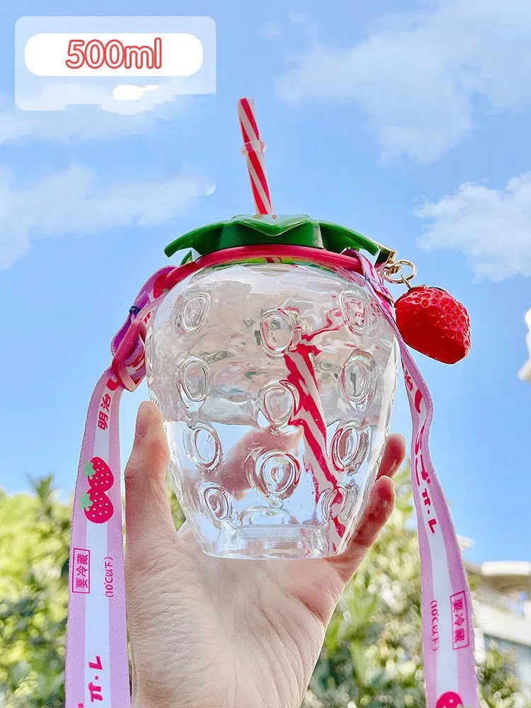 500ml kawaii strawberry-shaped water bottle with straw and pendant on white background