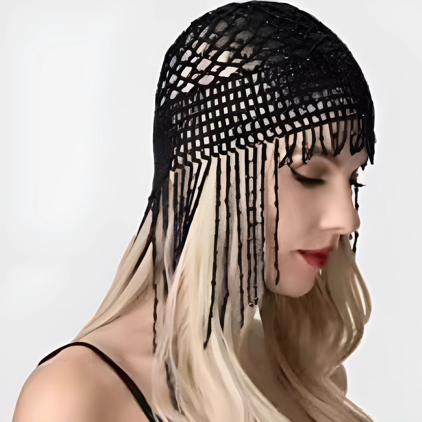Handmade beaded belly dance headwear with alloy mesh and long tassel in silver.