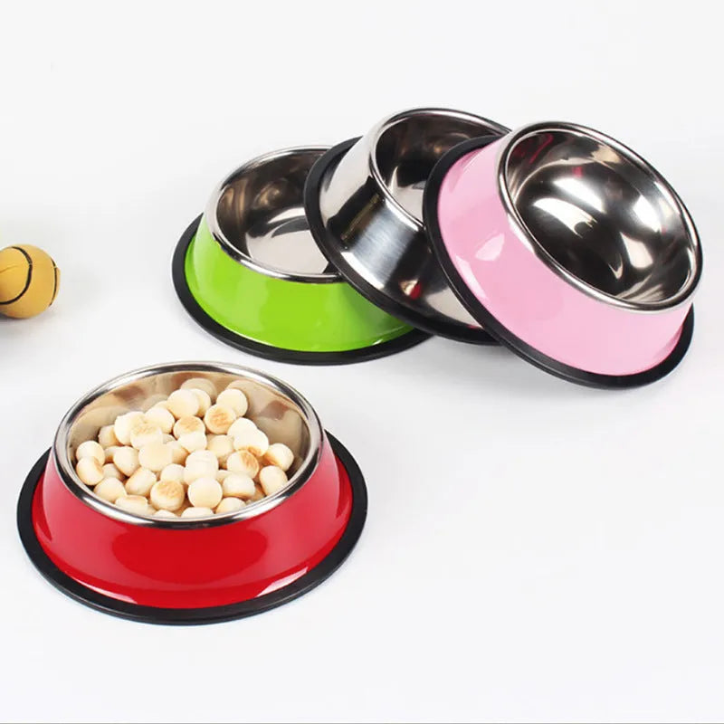 Pet feeding bowl with stainless steel inner, colourful melamine outer, and anti-slip rubber base
