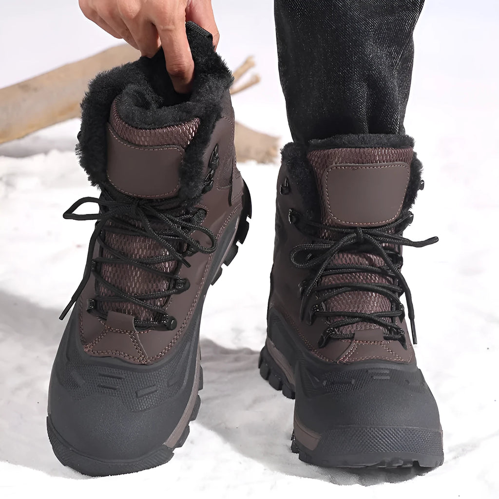 Men's black high-top fleece-lined boots with lace-up front and ribbed TPR sole.