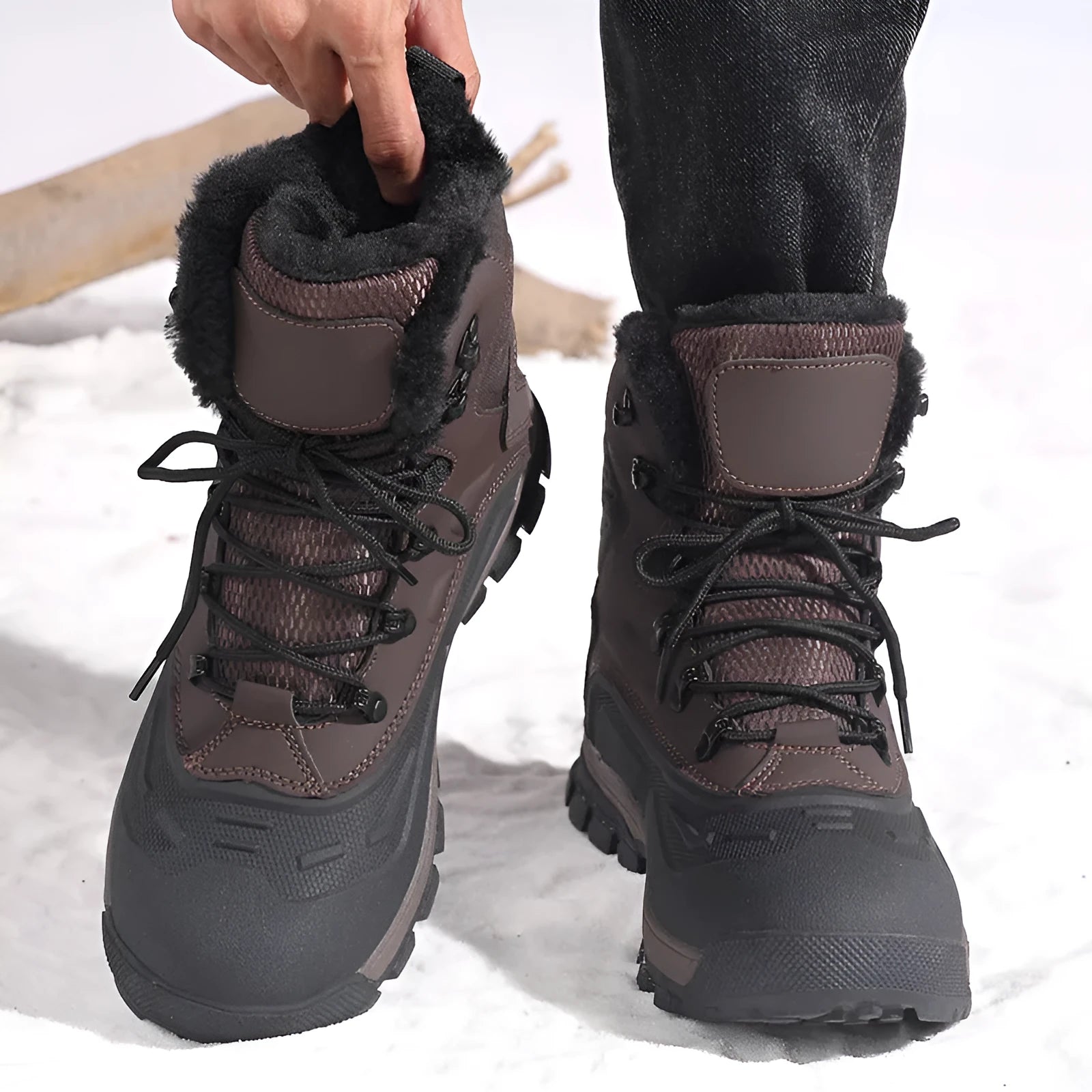 Men's black high-top fleece-lined boots with lace-up front and ribbed TPR sole.