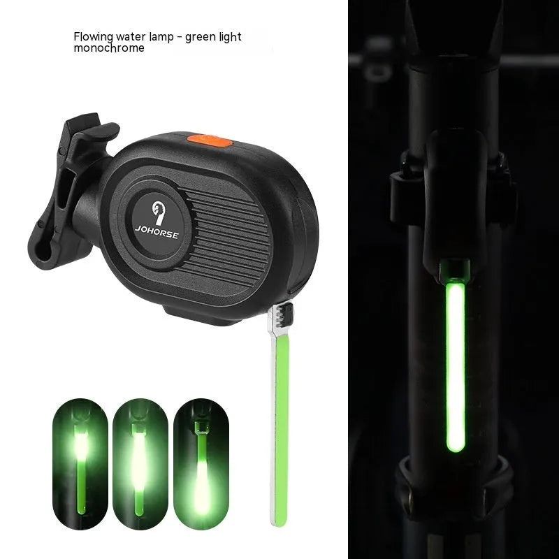 Bicycle taillight with colourful running water LED light effect mounted on a bike seat post.