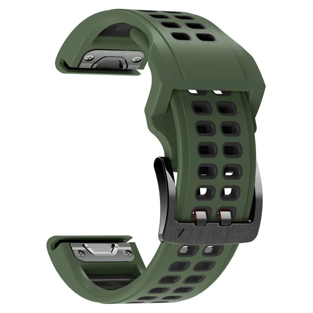 Two-tone quick-release silicone watch strap with pin buckle in black and orange colour