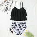Women's black high-waist double-layer swimsuit with tropical coconut tree print and adjustable back tie.