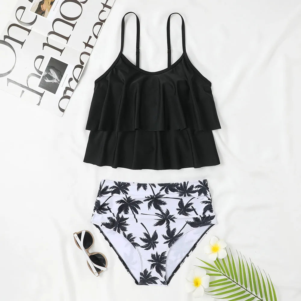 Women's black high-waist double-layer swimsuit with tropical coconut tree print and adjustable back tie.
