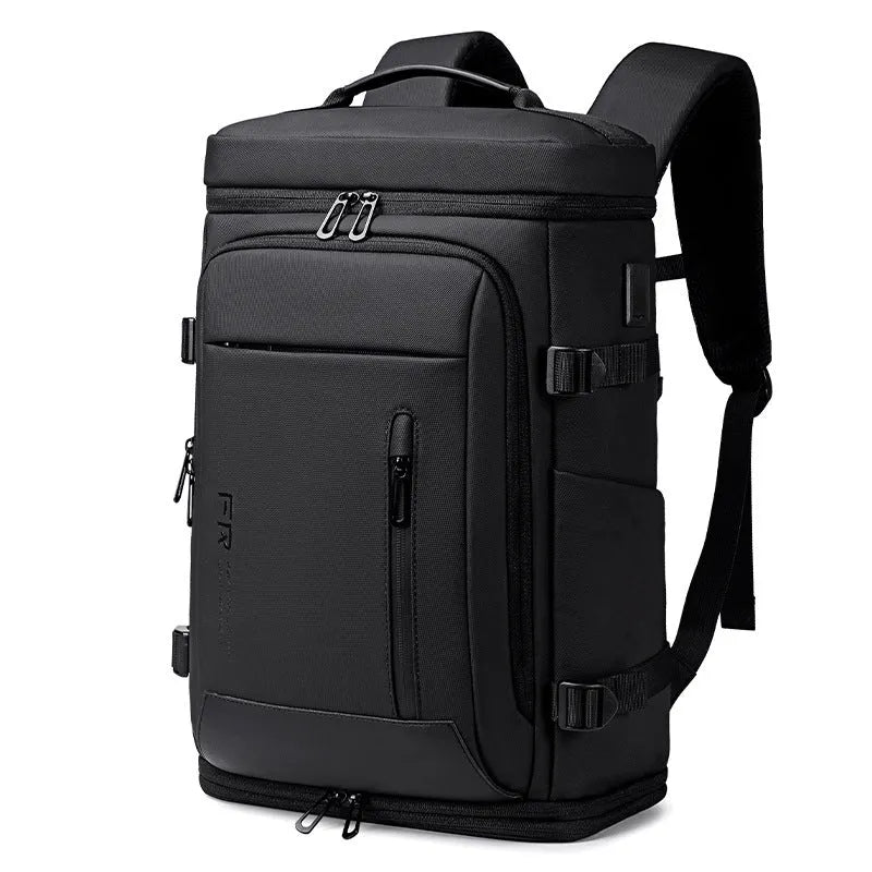 Black Oxford cloth travel bag with USB interface and curved shoulder strap for 16-inch computer