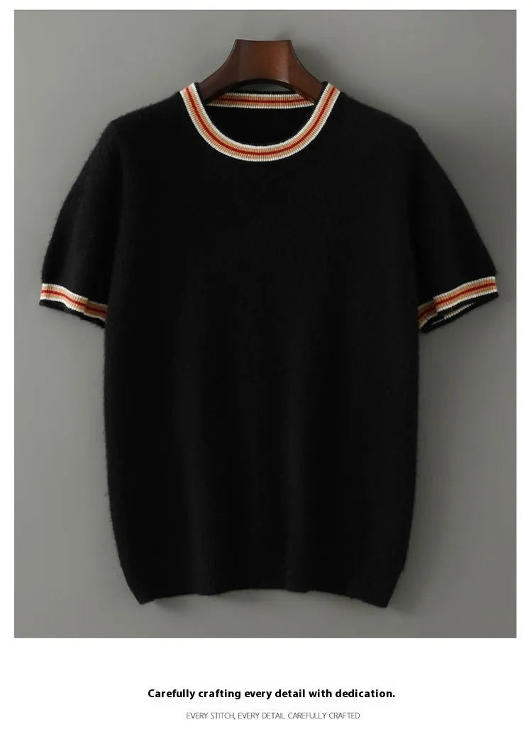 Men's short sleeve pure wool sweater in grey with round neck pullover design