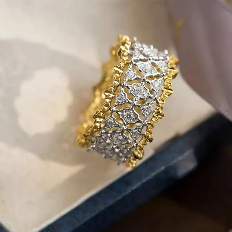 Geometric round two-tone gold zircon ring on copper base with electroplated finish