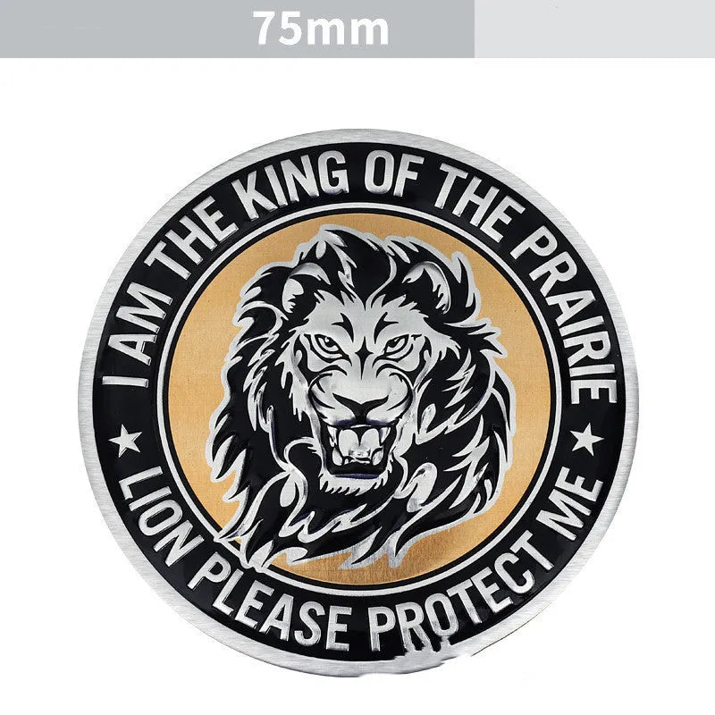 Aluminium metal car badge stickers featuring embossed lion, eagle, wolf head, and tiger designs.