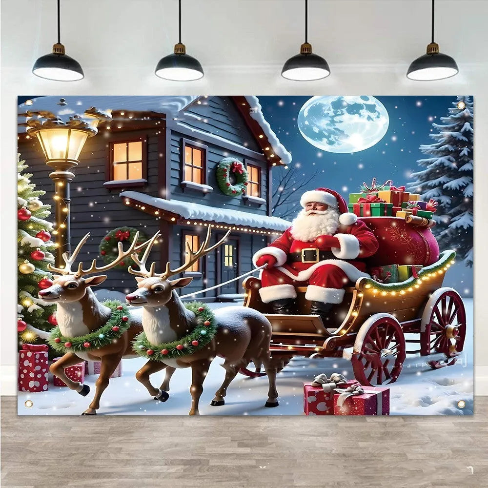 Red and white Santa Claus Christmas banner with gifts measuring 210 cm by 150 cm