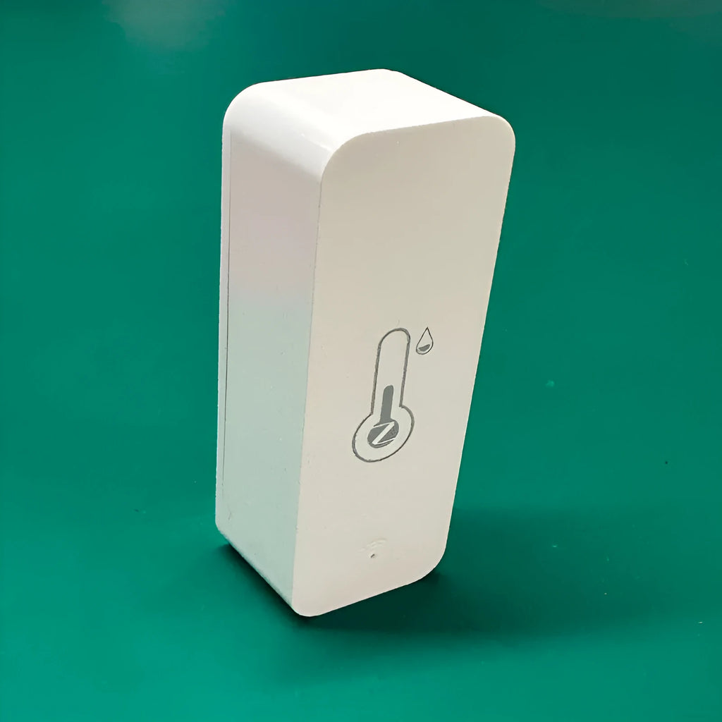 White WiFi Zigbee temperature humidity sensor with ABS plastic housing measuring 72x25x20mm