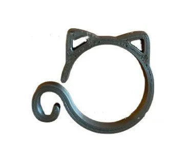 Cat-shaped plastic plant clip in garden with colourful options shown