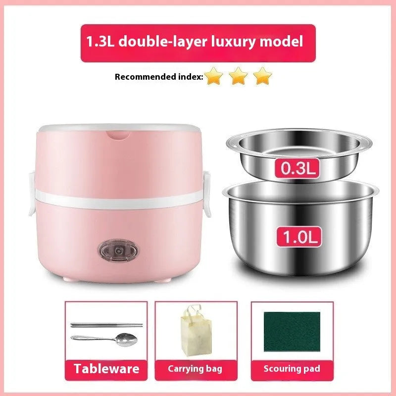 Portable plug-in insulated lunch box with stainless steel inner liner, double layer pink colour, and mains power cord