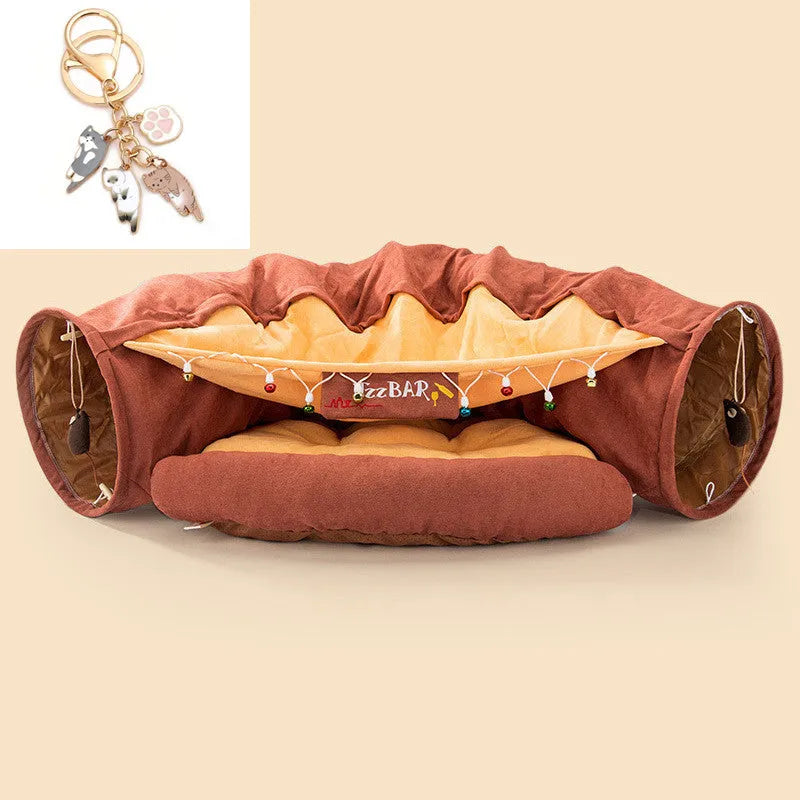 Collapsible cloth cat tunnel shown in a pop-up cylinder shape and folded flat, in a choice of colours.