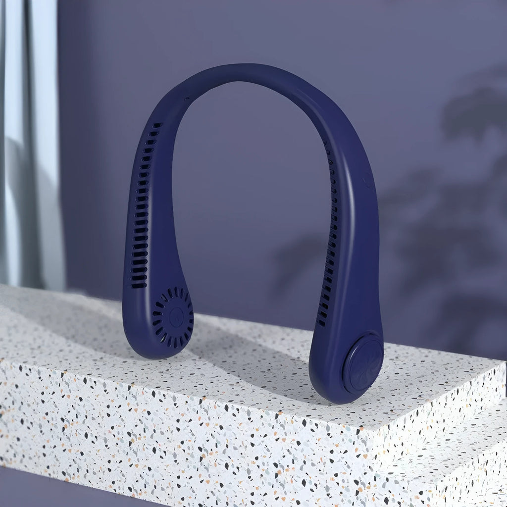 Blue USB rechargeable bladeless neck fan showing ergonomic neckband and air outlets.