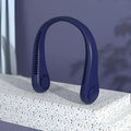 Blue USB rechargeable bladeless neck fan showing ergonomic neckband and air outlets.