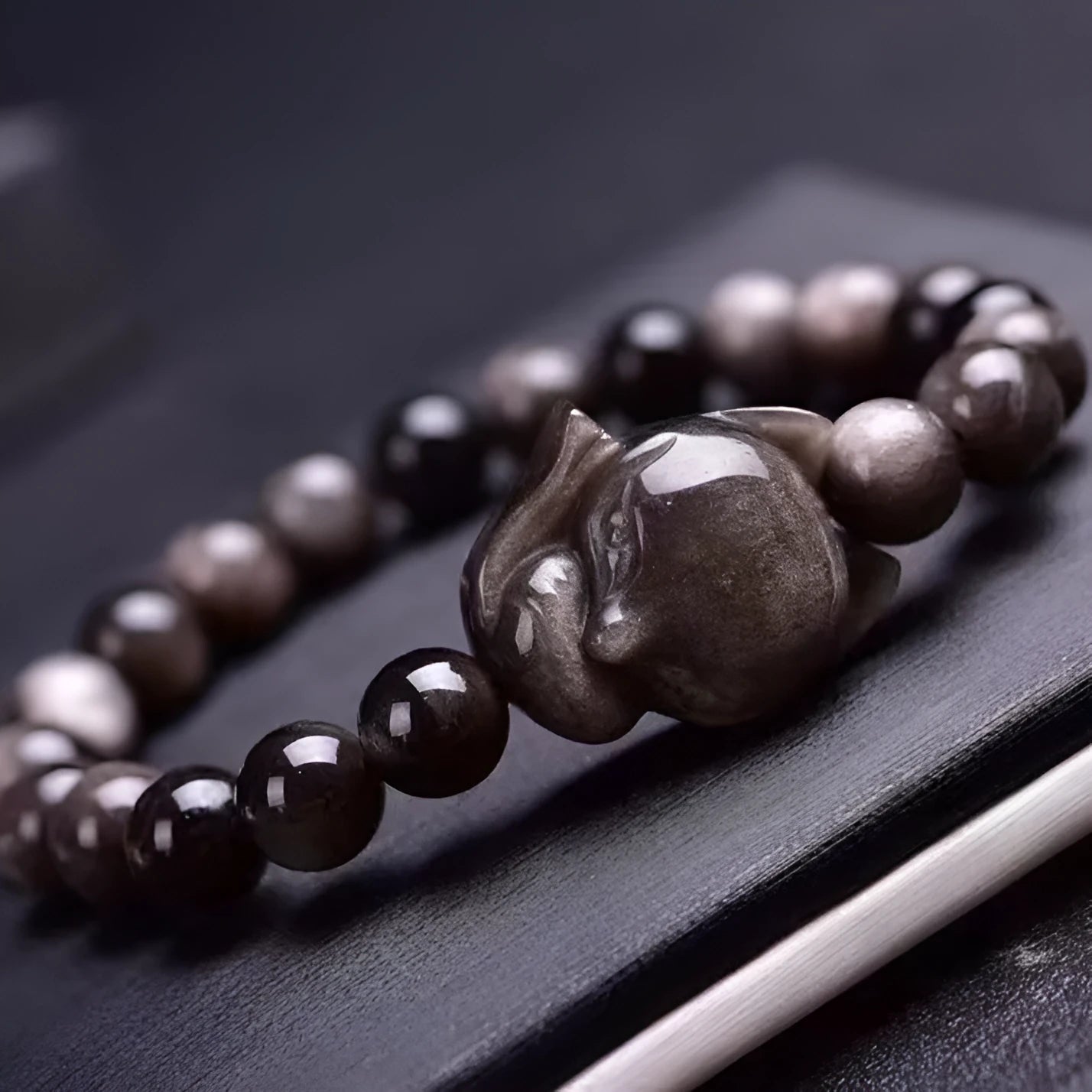 Obsidian fox adjustable bracelet with 8mm polished stone bead and silver fox charm on sliding knot