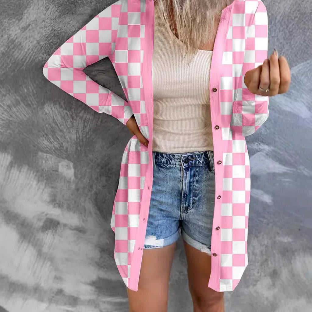 Women's long grey plaid loose fit cardigan coat with regular sleeves for street fashion.