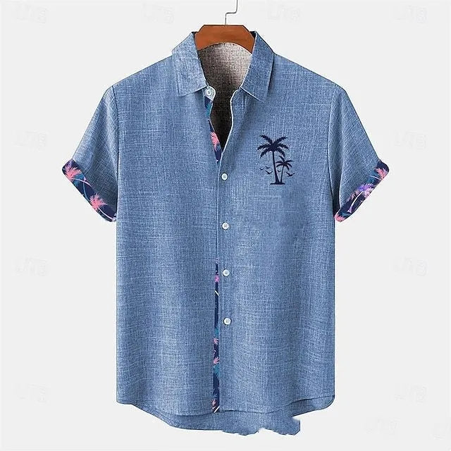 Linen short sleeve shirt with ocean fish pattern lapel design in loose casual cut
