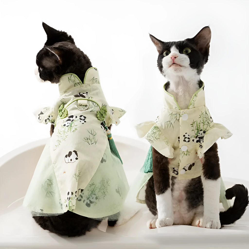 Chinese style panda bamboo leaf woven fabric cat skirt for hairless cats in national style tassel dress option