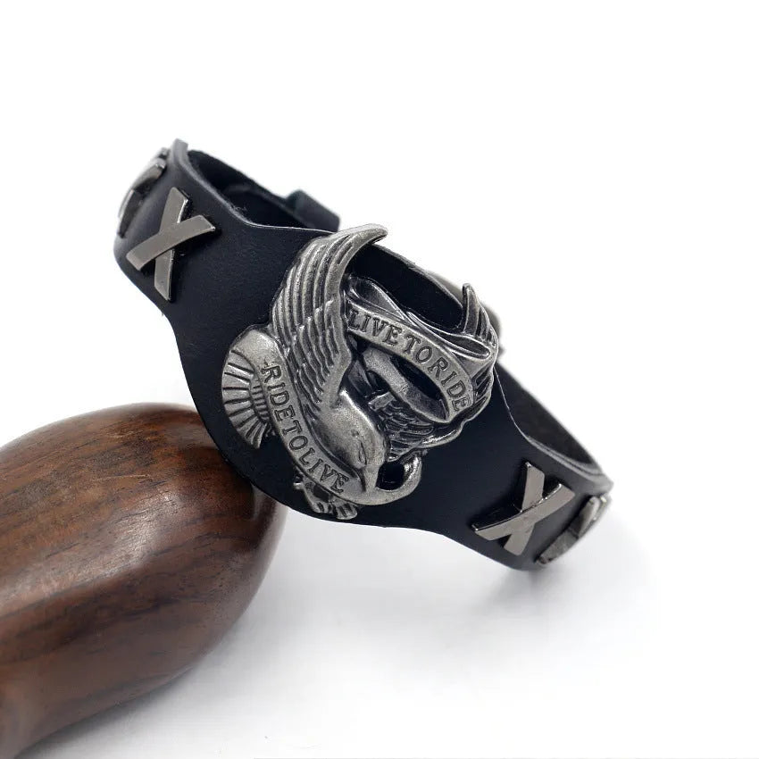 Black leather bracelet with geometric pattern and alloy eagle watch-buttom clasp