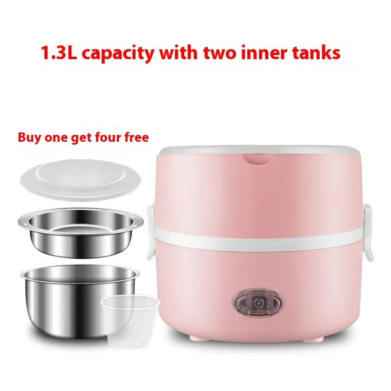 Portable plug-in insulated lunch box with stainless steel inner liner, double layer pink colour, and mains power cord