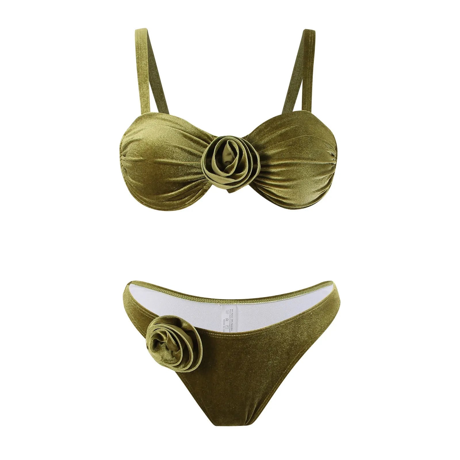 Green floral women's one-piece swimsuit with briefs style on a mannequin.