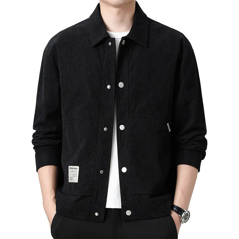 Slim fit men's corduroy jacket in solid colour with top stitching pockets, polyester blend fabric