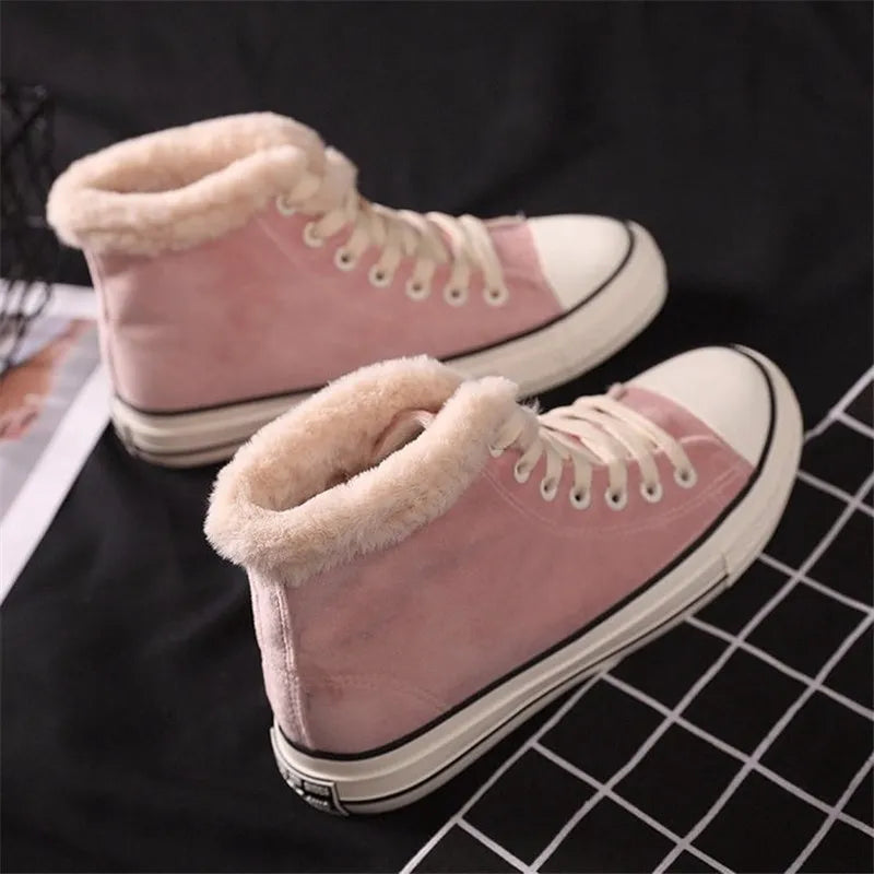 Women's canvas shoes with plush cotton padding in pink and black, sizes 35 to 41