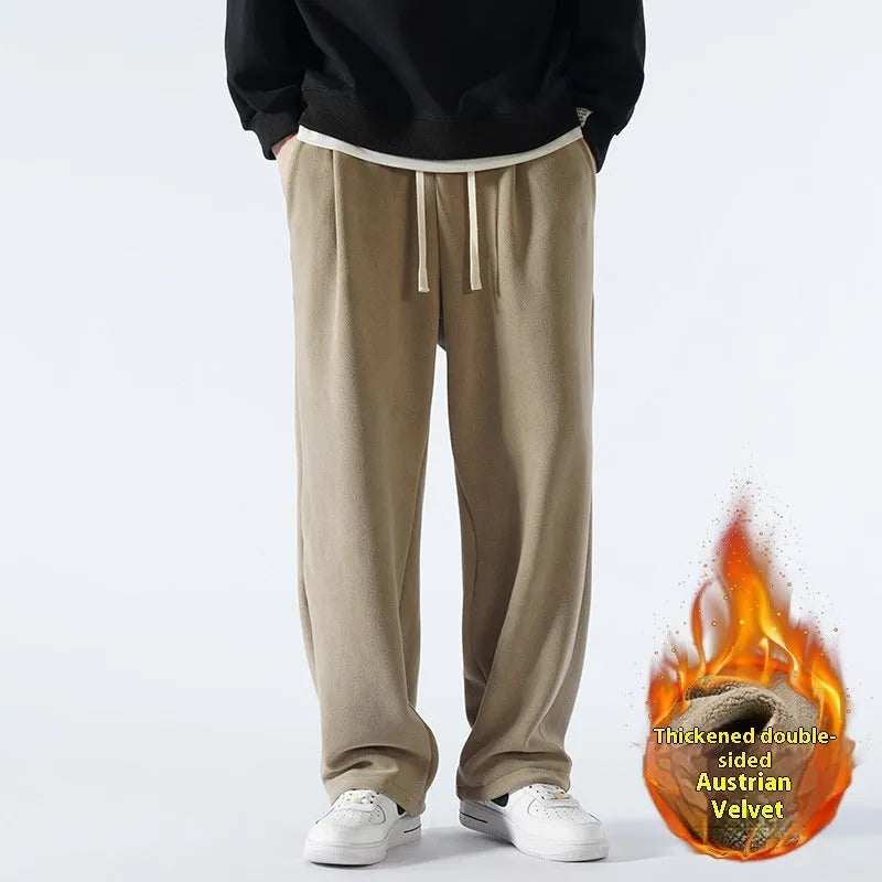 Men's fleece-lined winter sports trousers in Korean loose style with drawstring waist