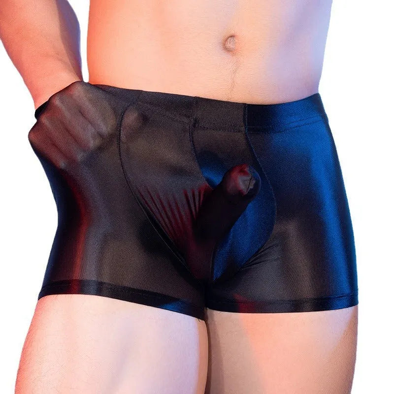 Red men's nylon boxers with an elephant nose design on a mid waist.
