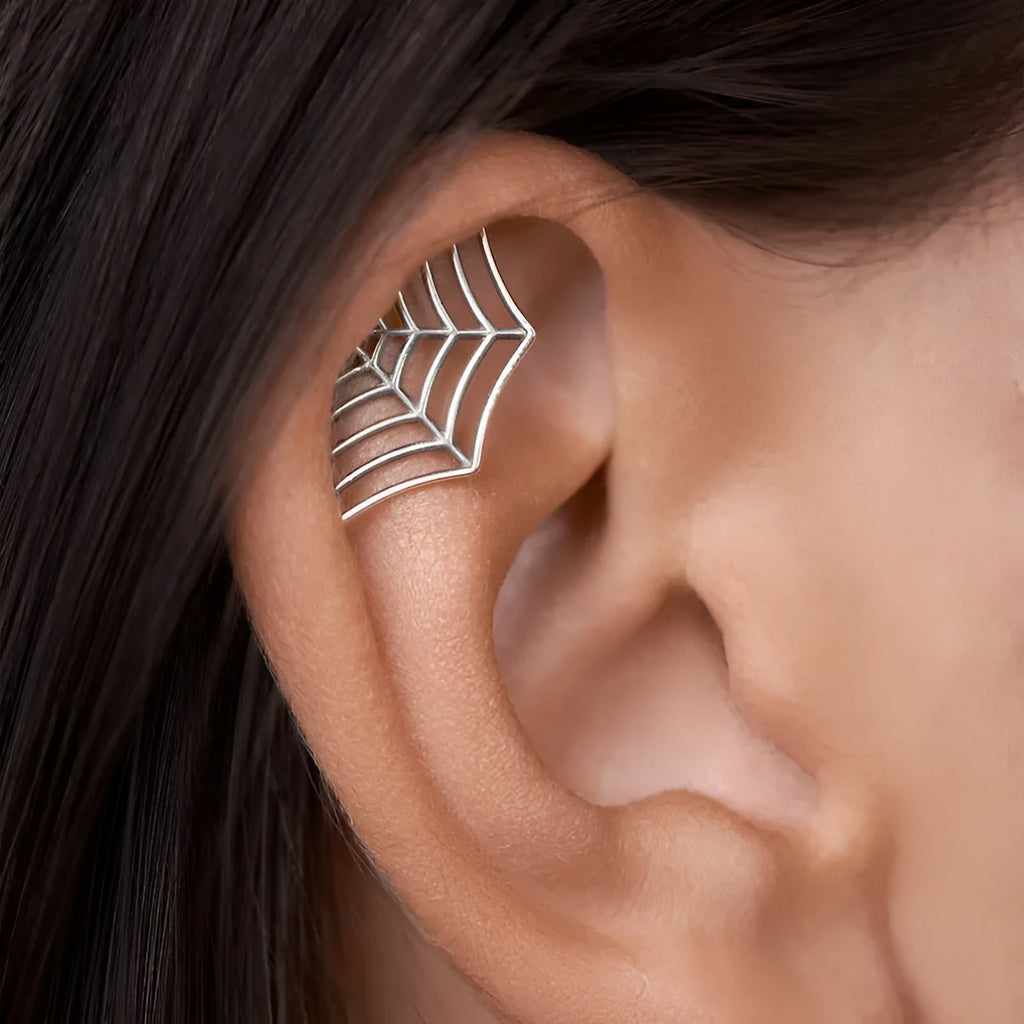 Spider web stud earrings with geometric mesh pattern in gold and silver electroplated colours