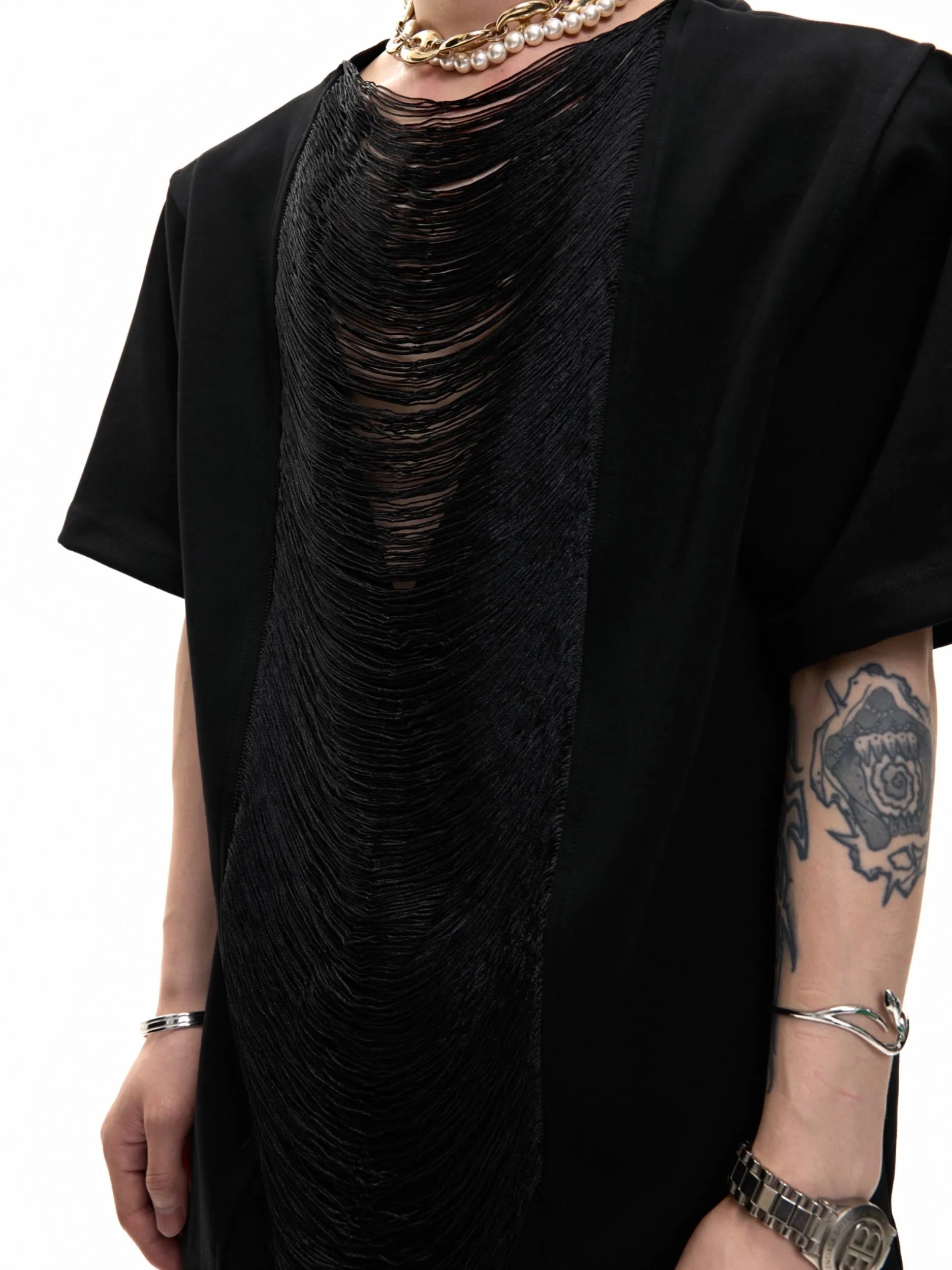 Men's black loose fit T-shirt with hollow out V-neck design and short sleeves