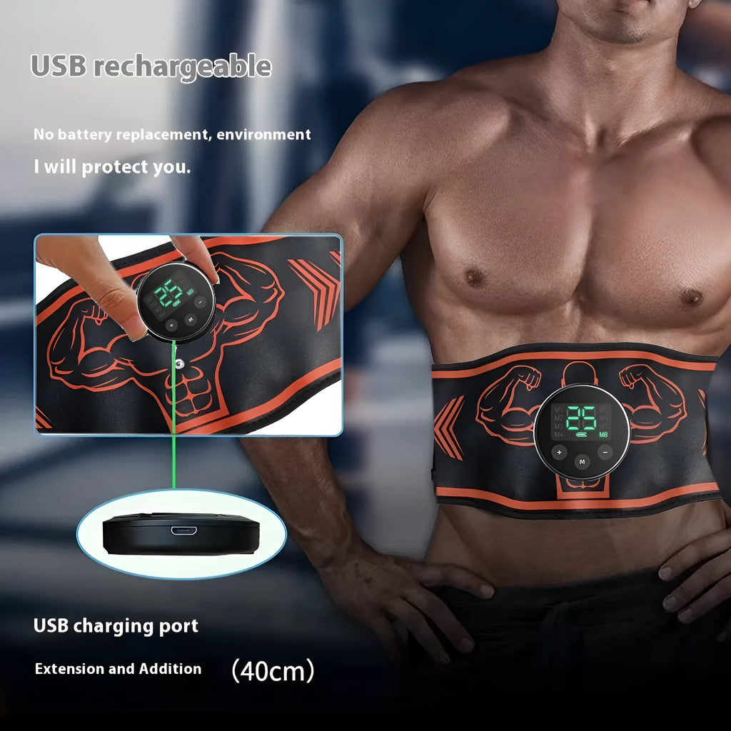Blue and orange smart EMS massage belt set with rechargeable host and arm stickers