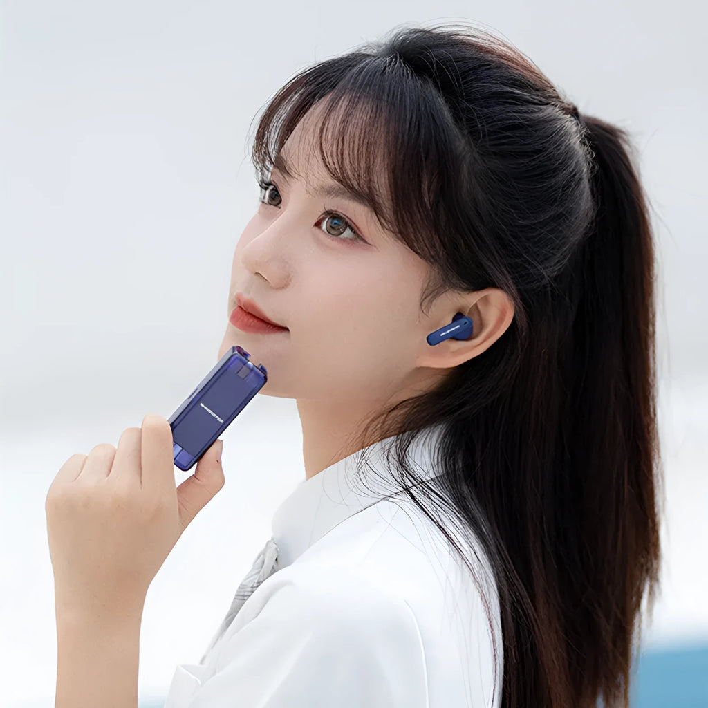 XKT08 true wireless Bluetooth earbuds in black with USB charging case