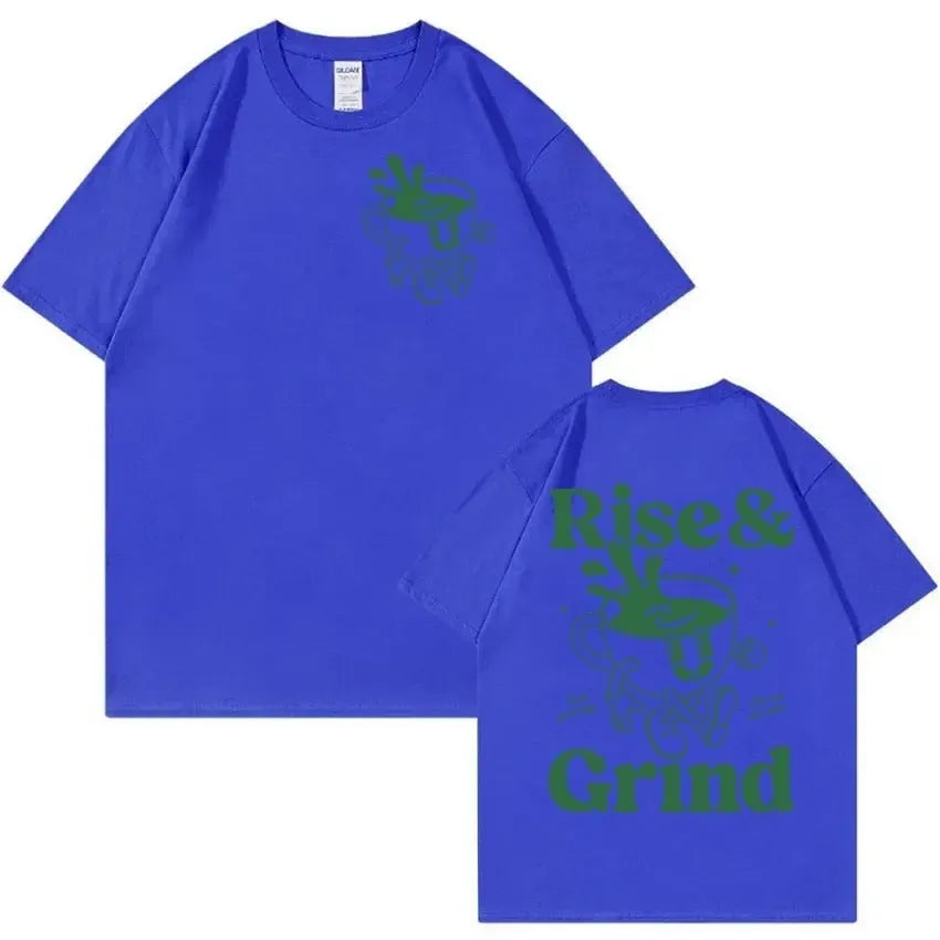 Linen loose-fit t-shirt with Rise And Grind green coffee bag cartoon graphic, shown in multiple colours.