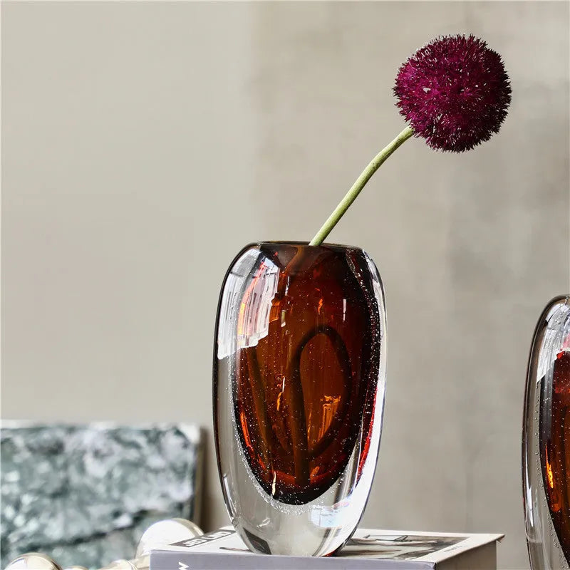 Modern simple bubble thick bottom glass vase with tea brown glaze flat mouth
