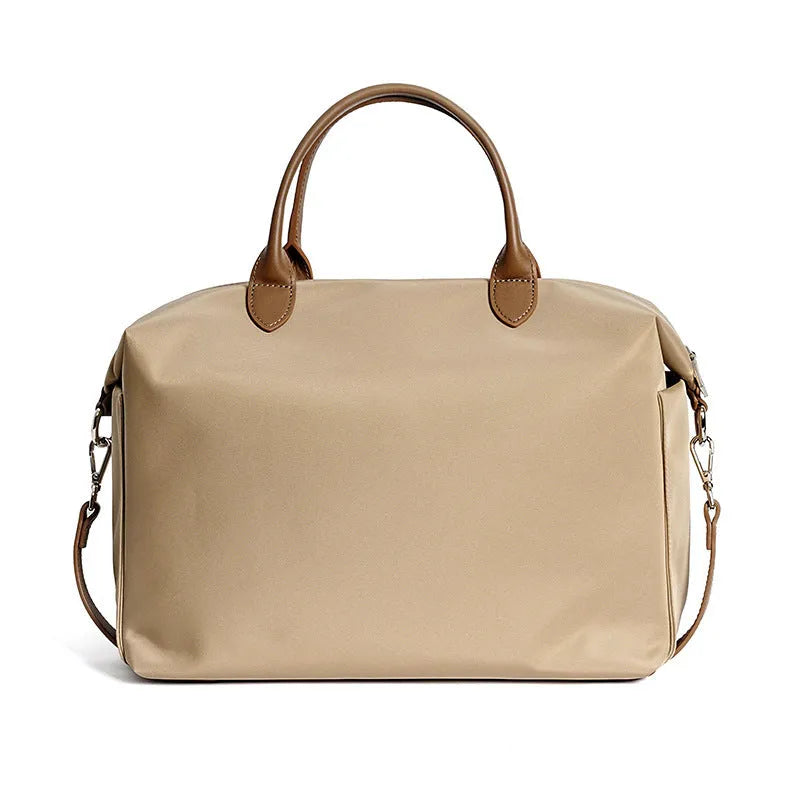 Nylon waterproof cloth shoulder bag with leather accents in black or light khaki colour