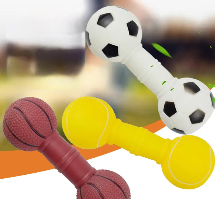 Brown football dumbbell shaped dog squeaky chew toy on white background
