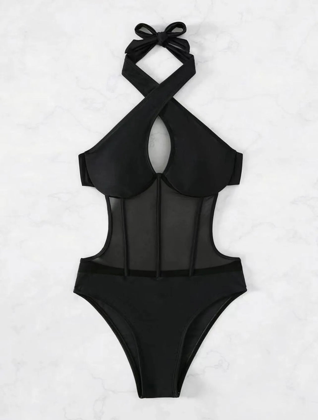 Women's one-piece spun yarn swimsuit bikini on a hanger in black, rose red, and green colour options.