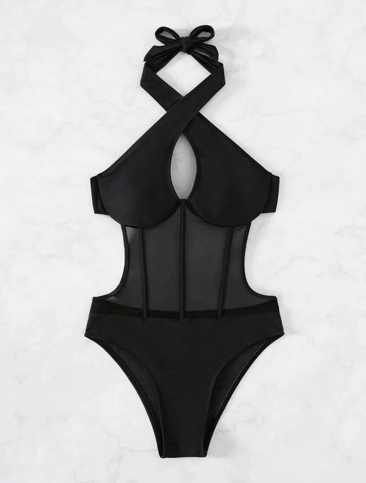 Women's one-piece spun yarn swimsuit bikini on a hanger in black, rose red, and green colour options.